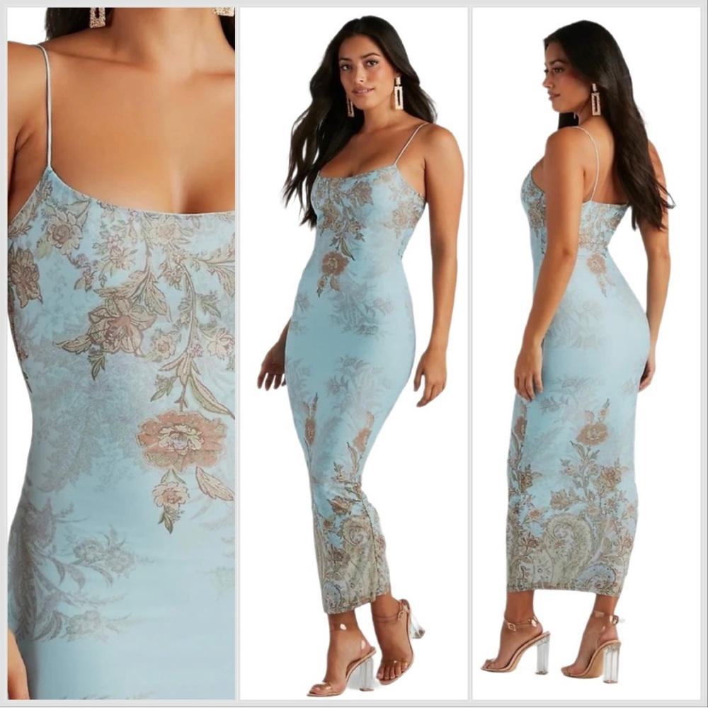 Y2K Blue Floral Mesh Overlay Dress